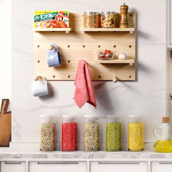 Wall-mounted Pegboard storage organizer - Adaptative decor with hook and shelf - Original idea for the office the kitchen the bedroom