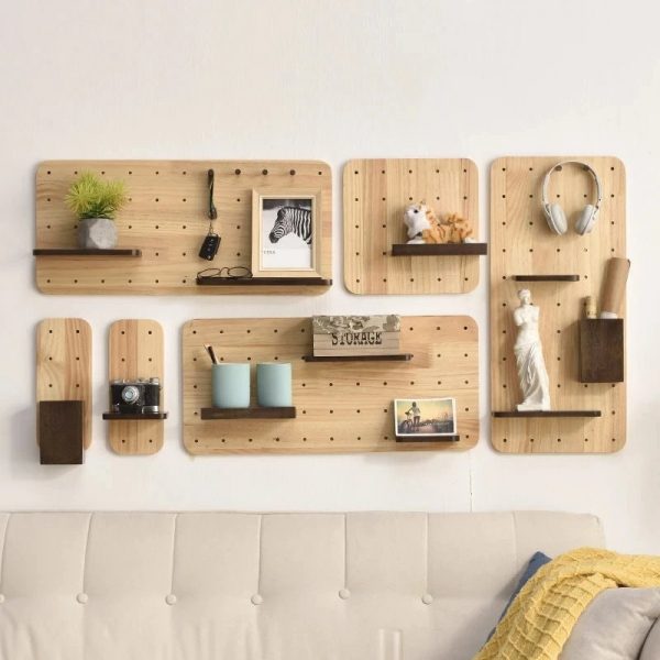 Wooden Wall Pegboard, Wall Modular Shelves, Wooden Wall Storage, Wood Shelf and hooks