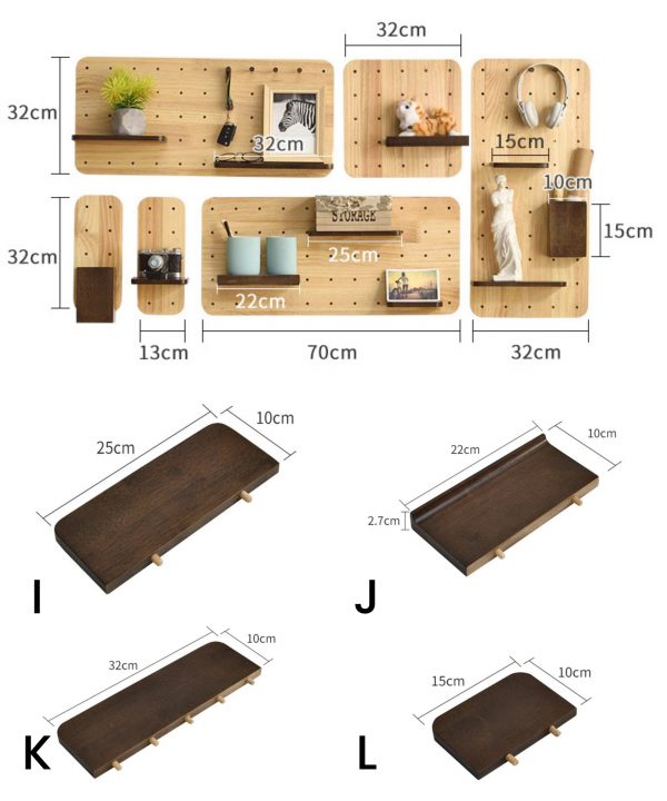 Wooden Wall Pegboard, Wall Modular Shelves, Wooden Wall Storage, Wood Shelf and hooks